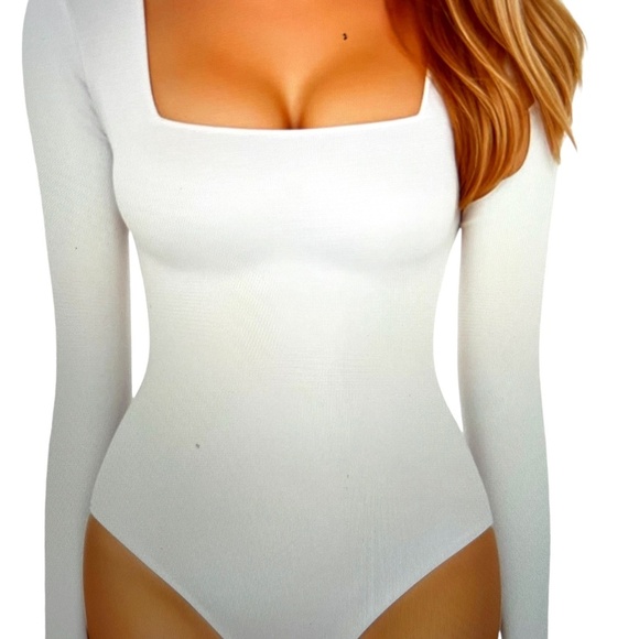 Women Square Neck Long Sleeve Fitted White Bodysuit Size: XL - Picture 1 of 4